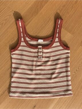 Cotton On Striped Ribbed Henley Tank Top Brown Cream Y2K Large